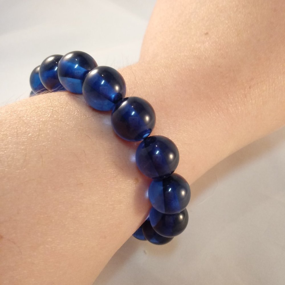 Natural 12mm Amber Bead Sky Blue Stretch Bracelet 7.5" 19g Women's Party Gift